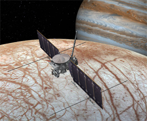 This artist's rendering shows NASA's Europa mission spacecraft, which is being developed for a launch sometime in the 2020s. This view shows the spacecraft configuration, which could change before launch, as of early 2016. The mission would place a spacecraft in orbit around Jupiter in order to perform a detailed investigation of the giant planet's moon Europa -- a world that shows strong evidence for an ocean of liquid water beneath its icy crust and which could host conditions favorable for life. The highly capable, radiation-tolerant spacecraft would enter into a long, looping orbit around Jupiter to perform repeated close flybys of Europa.  The concept image shows two large solar arrays extending from the sides of the spacecraft, to which the mission's ice-penetrating radar antennas are attached. A saucer-shaped high-gain antenna is also side mounted, with a magnetometer boom placed next to it. On the forward end of the spacecraft (at left in this view) is a remote-sensing palette, which houses the rest of the science instrument payload. 